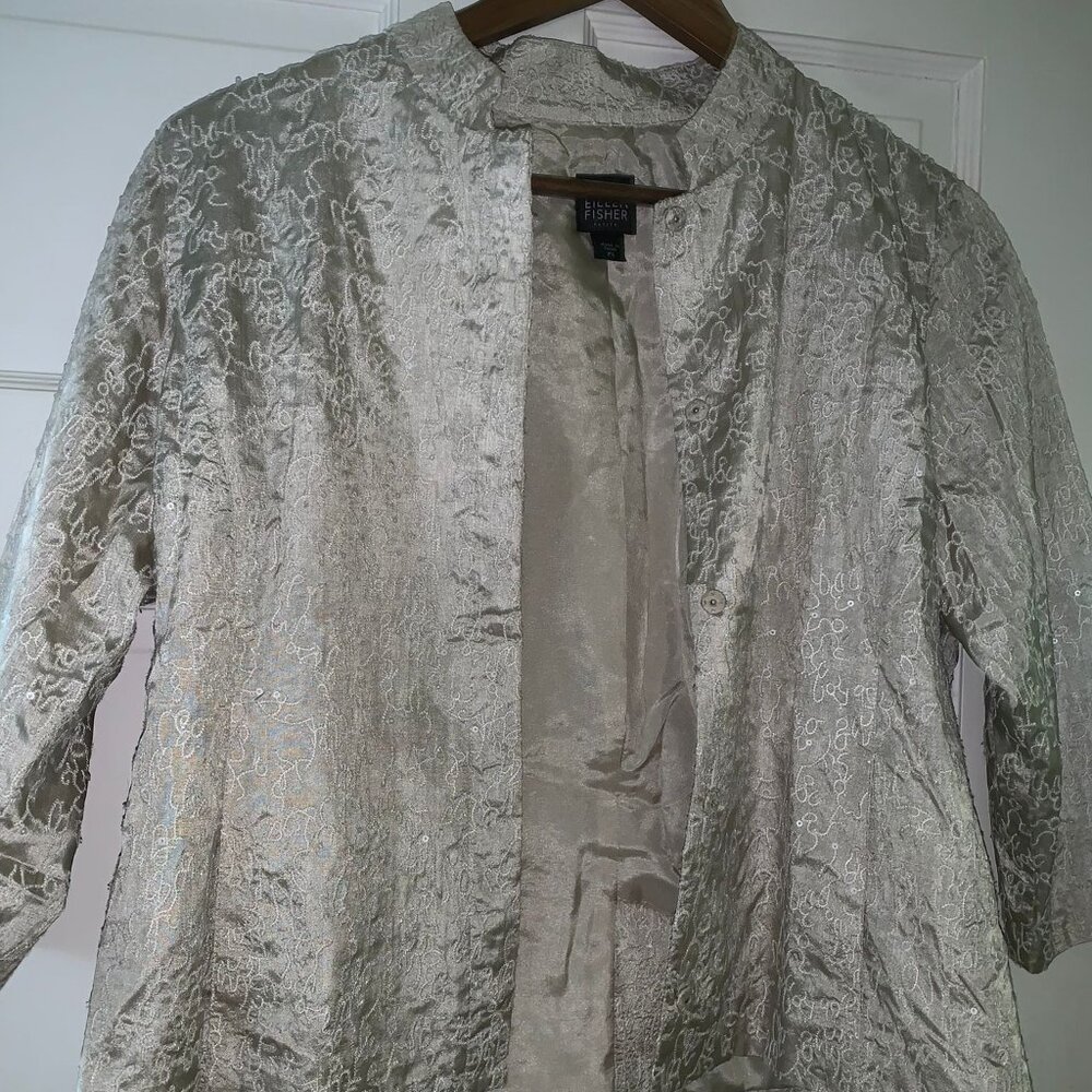Eileen Fisher 100% Silk Soutache Embroidered Jacket Women's Petite S Metallic